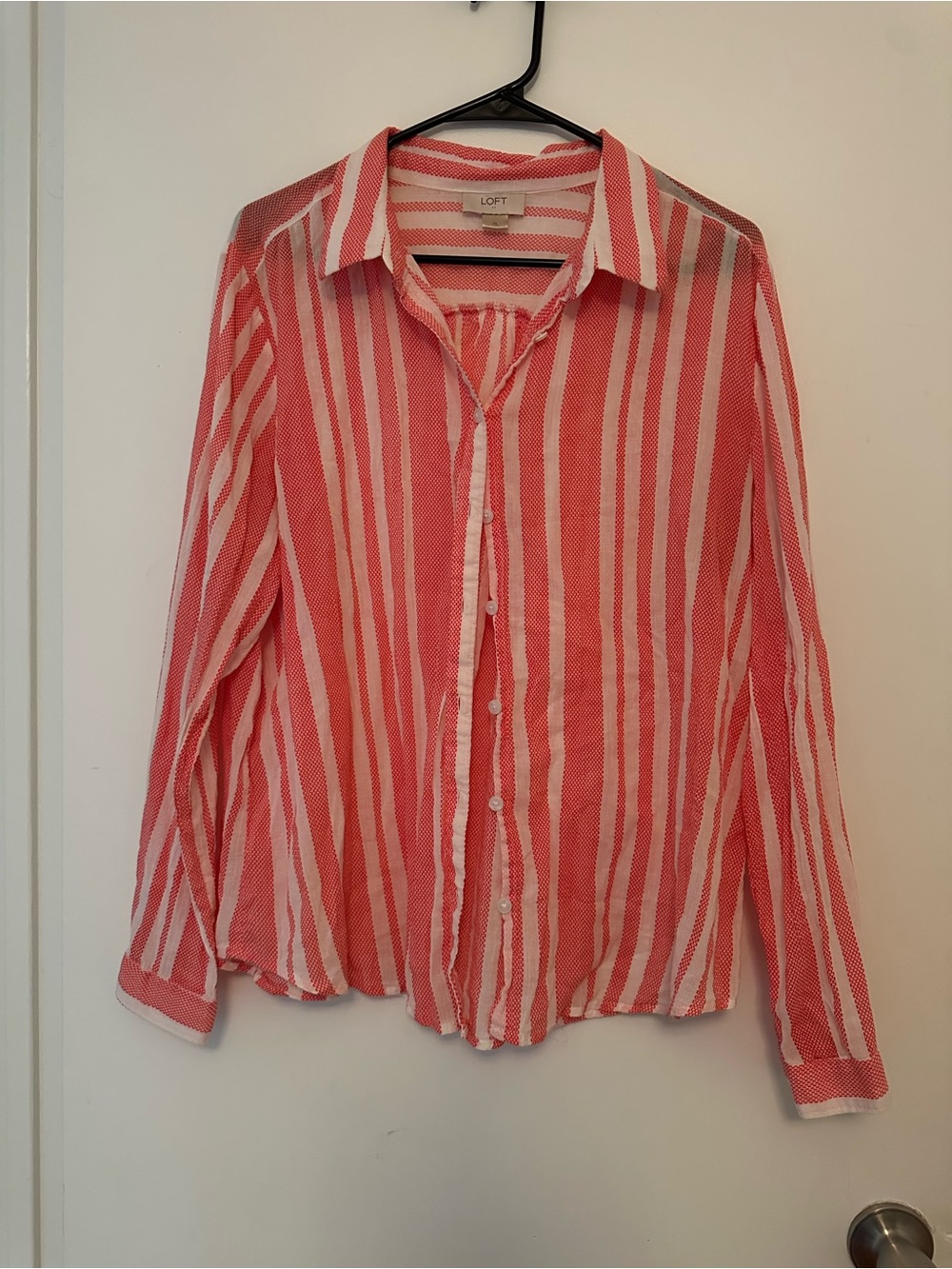 LOFT Coral and White Vertical Stripe Button-Down Shirt